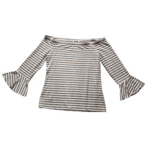 Three Dots Off Shoulder Striped Bell Sleeve Top Size L Beige White Casual